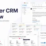 Copper CRM Review featured image showing Gmail sidebar, pipeline board, pricing plans, integrations, and 7.4 review score