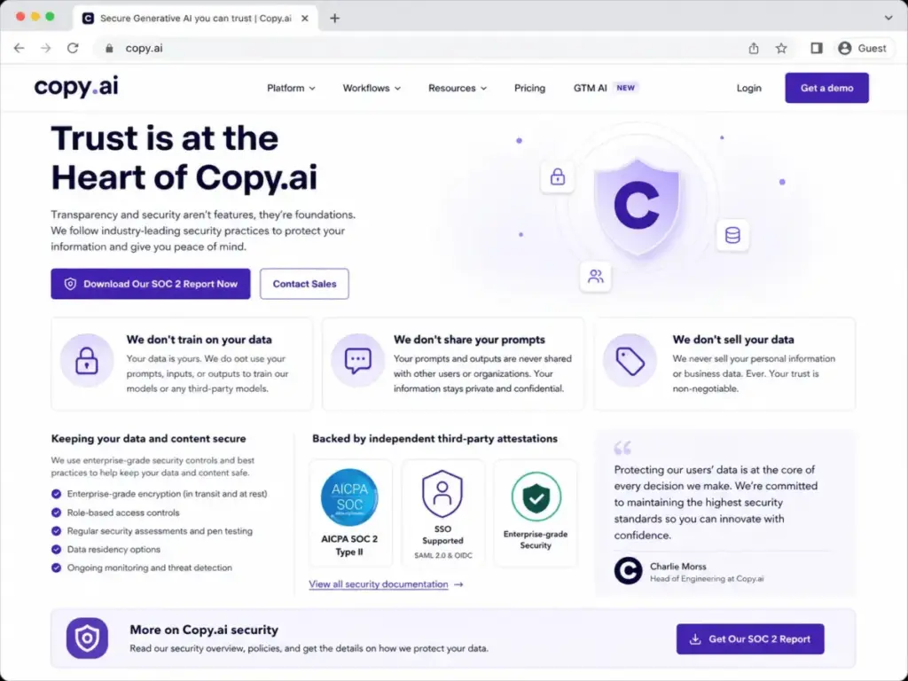 Copy.ai security page showing SOC 2 report access, data privacy claims, prompt protection, SSO support, and third-party security attestations.