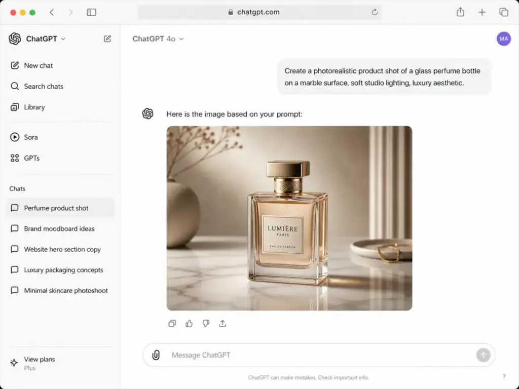ChatGPT interface showing a DALL·E image result alongside the original prompt for a perfume product shot.
