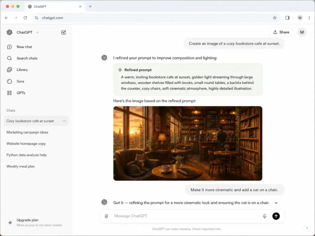 ChatGPT conversation showing DALL·E prompt refinement before generating a bookstore cafe image.