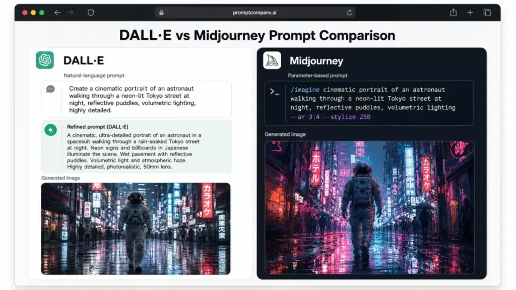 Side-by-side comparison of DALL·E and Midjourney prompts and generated astronaut images in a neon-lit Tokyo street.