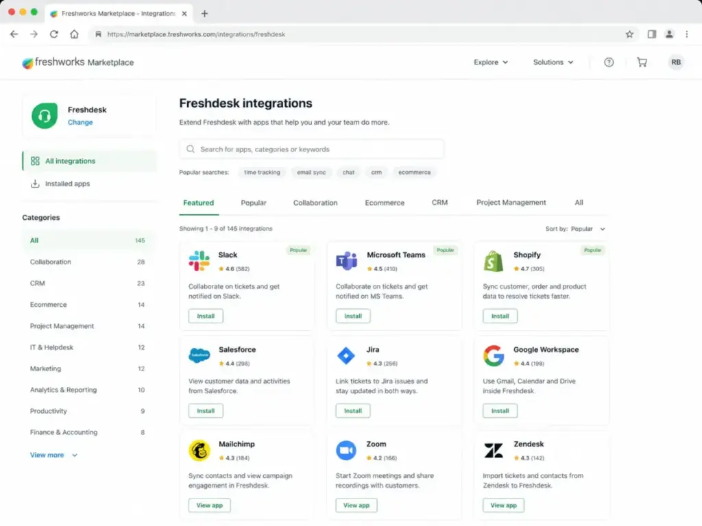 Freshdesk integrations page showing Slack, Microsoft Teams, Shopify, Salesforce, and Jira apps in the Freshworks Marketplace