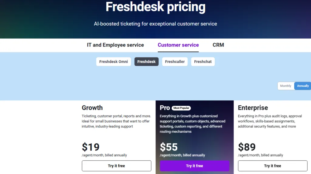 Freshdesk pricing plans comparison for Growth, Pro, and Enterprise customer service plans