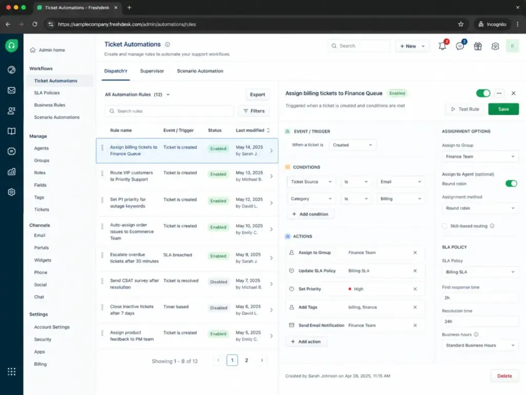 Freshdesk ticket automation settings showing routing rules, SLA policy, and assignment options in 2026
