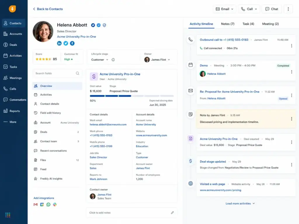 Freshsales contact and deal workspace showing Email, Call, Chat buttons, deal details, and an activity timeline.