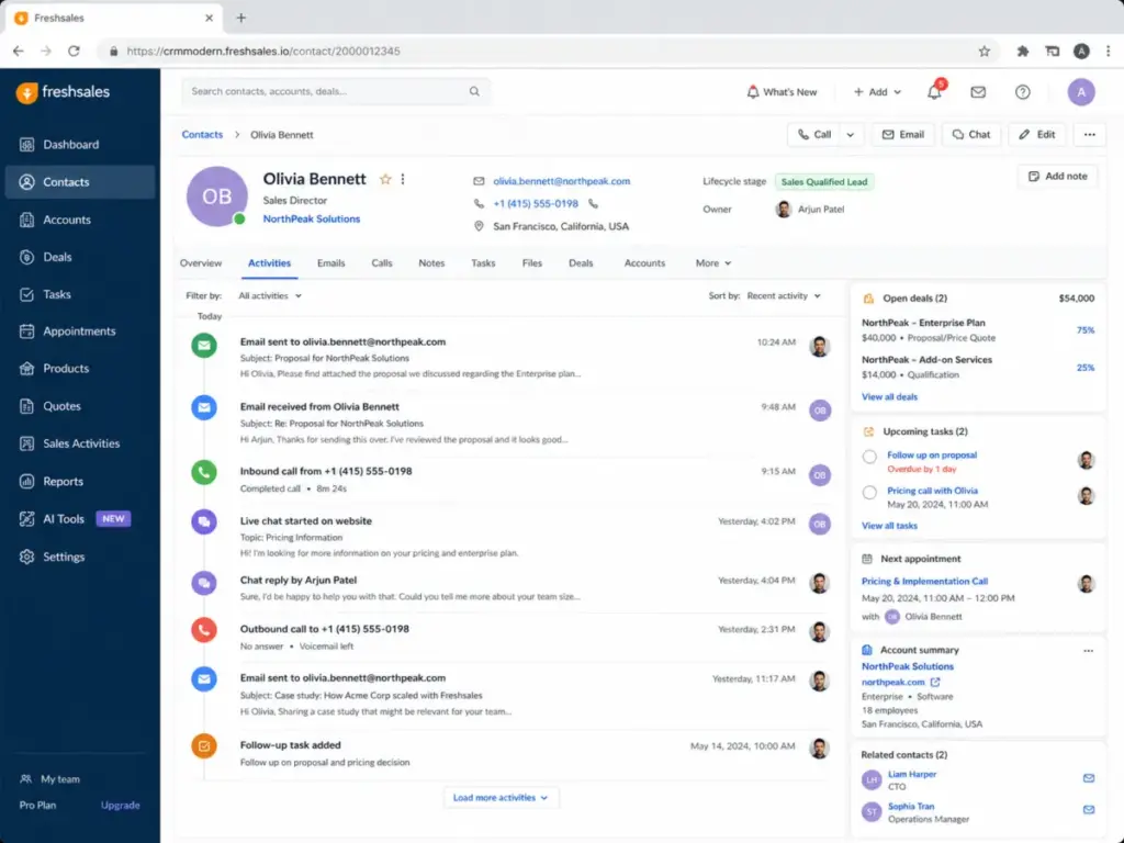 Freshsales contact record showing email, phone, and chat activity timeline in one view