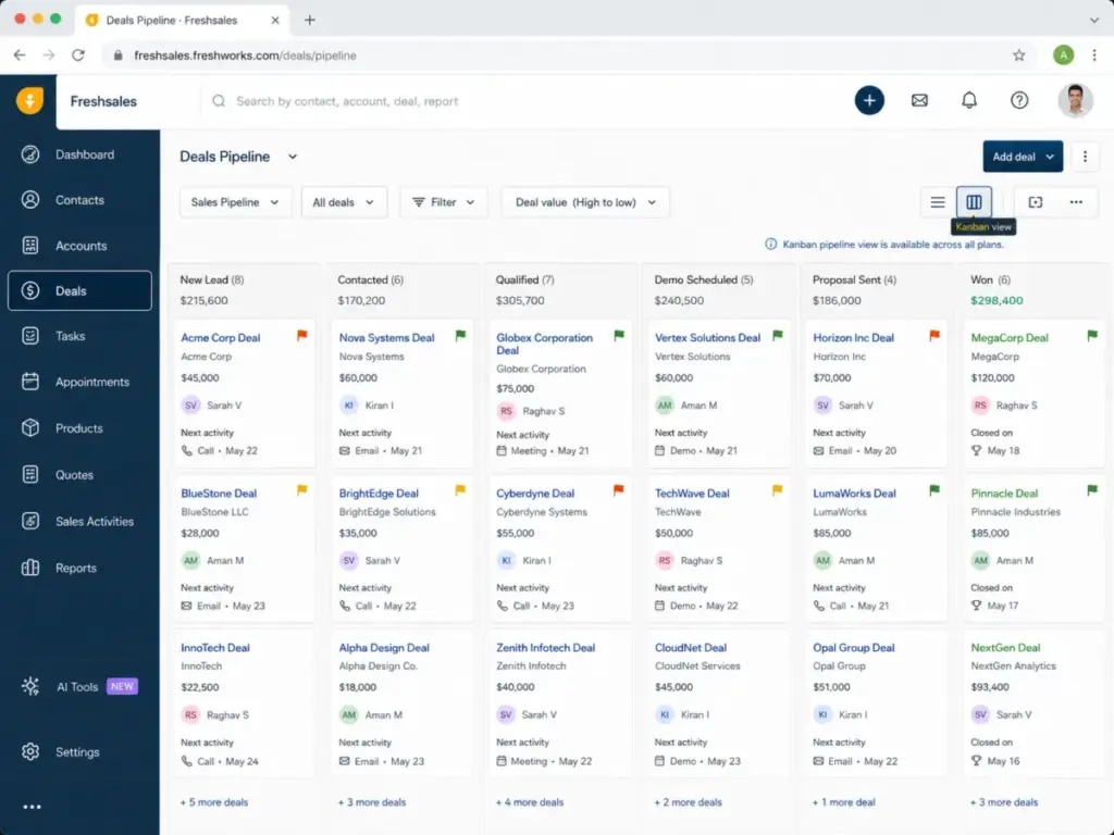 Freshsales CRM Kanban pipeline view with deal cards across sales stages