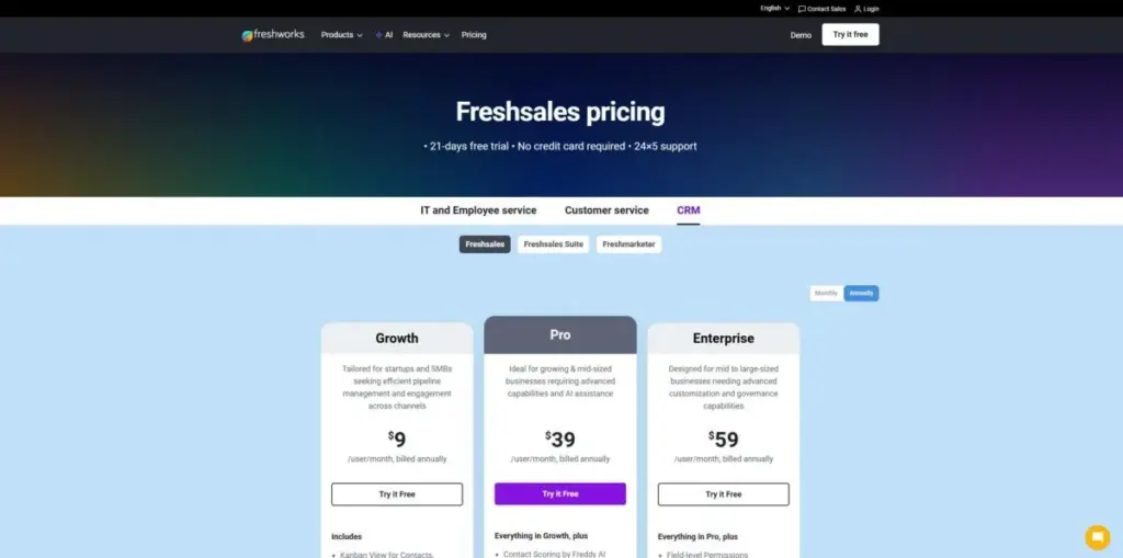 Freshsales pricing page showing Free, Growth, Pro, and Enterprise plans with Pro highlighted as the practical starting plan