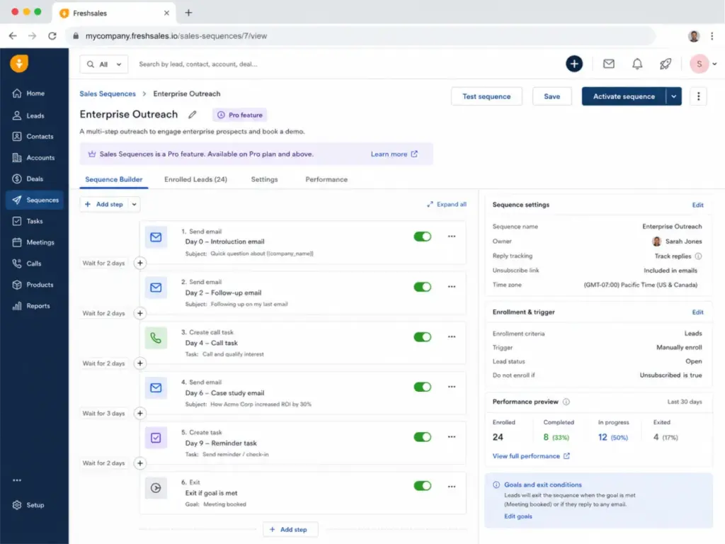 Freshsales Pro sales sequence builder with automated email and task workflow