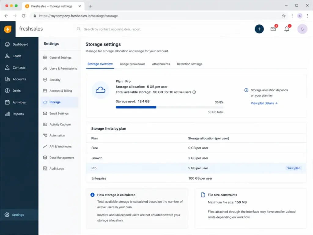 Freshsales storage settings screen showing plan-level storage allocation by tier