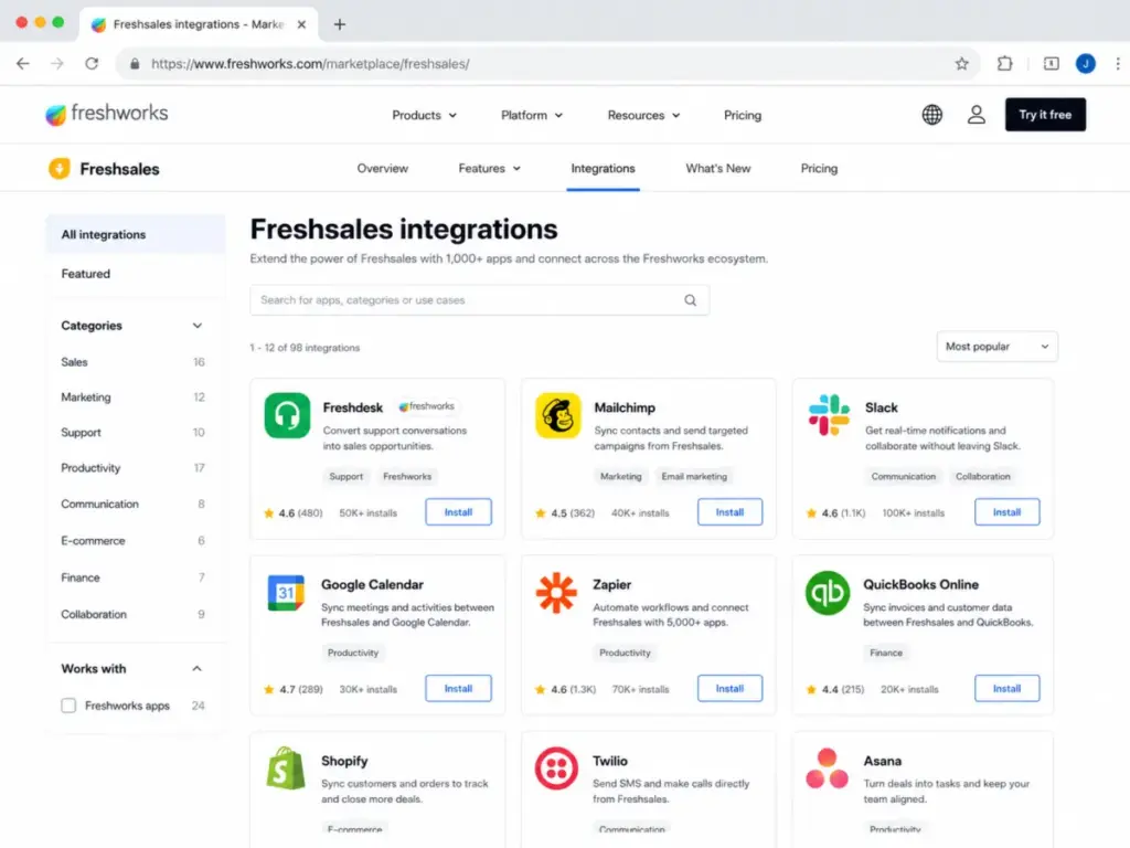 Freshworks Marketplace for Freshsales showing integrations with Freshdesk Mailchimp and Slack
