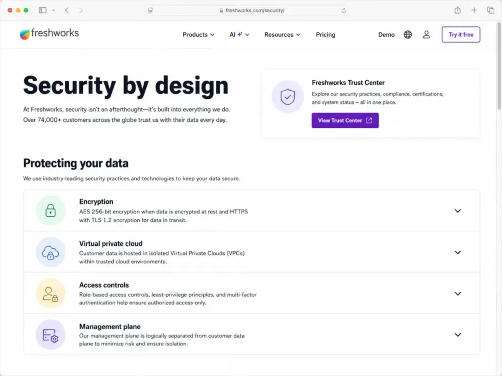 Freshworks security page showing AES 256-bit encryption at rest and TLS 1.2 encryption in transit