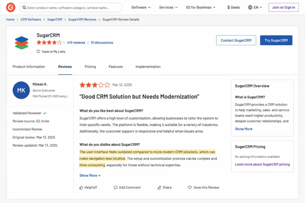 G2 SugarCRM review snippet showing user feedback about an outdated interface, less intuitive navigation, and time-consuming setup.