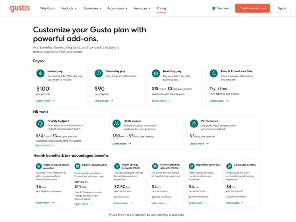 Gusto add-on pricing section showing instant pay, same-day pay, next-day pay, Priority Support, HR Resources, and benefits costs.
