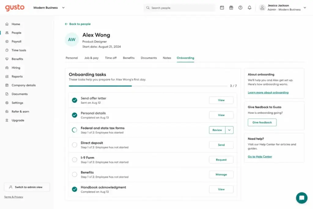 Gusto employee onboarding checklist showing offer letter, tax forms, direct deposit, I-9 form, benefits, and handbook tasks.