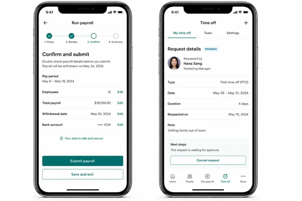 Gusto mobile app showing employer payroll confirmation screen and employee time-off request details.