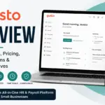 Gusto Review featured image showing payroll, benefits, time tools, and compliance features on desktop and mobile dashboards.