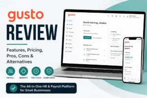 Gusto Review featured image showing payroll, benefits, time tools, and compliance features on desktop and mobile dashboards.