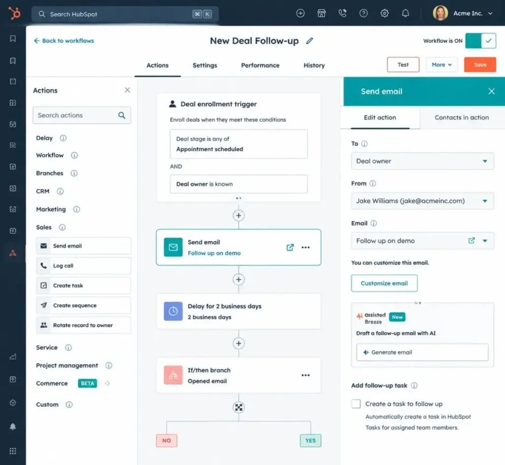HubSpot Sales Hub workflow automation screen showing a sequence of actions, email sending, delays, and if/then branches with Breeze AI integration