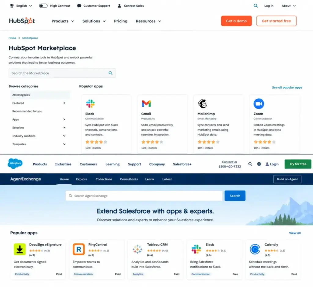 Side-by-side view of HubSpot Marketplace and Salesforce AgentExchange showing integration apps, search bars, categories, and popular apps listings