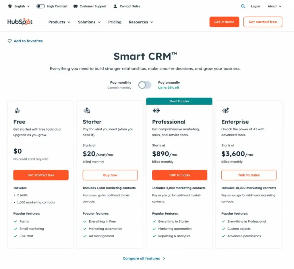 HubSpot Smart CRM pricing page showing Free, Starter, Professional, and Enterprise plans with monthly pricing, features, and call-to-action buttons