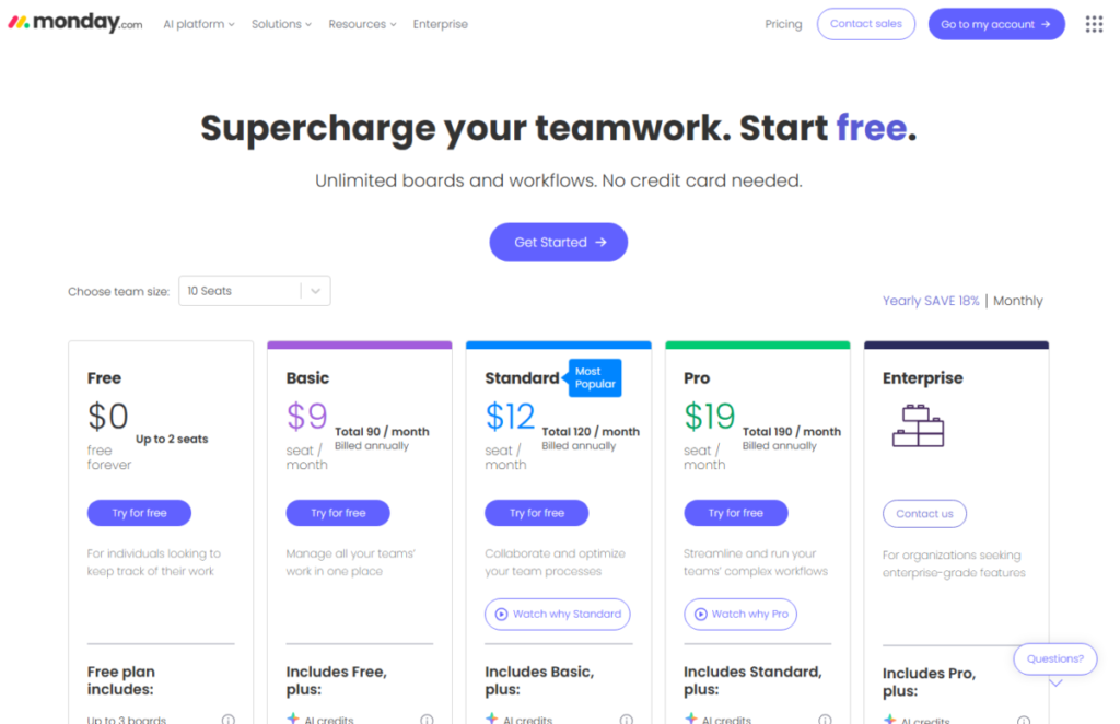 Highly realistic monday.com pricing page mockup showing Free, Basic, Standard, Pro, and Enterprise plans with annual billing, 3-user minimum wording, and plan feature limits.