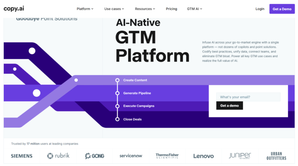 Copy.ai homepage showing GTM AI platform components including Workflows, Actions, Agents, Tables, Chat, Infobase, Brand Voice, integrations, and AI models.