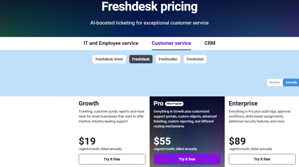 Freshdesk pricing page showing Growth, Pro, and Enterprise annual plans in 2026