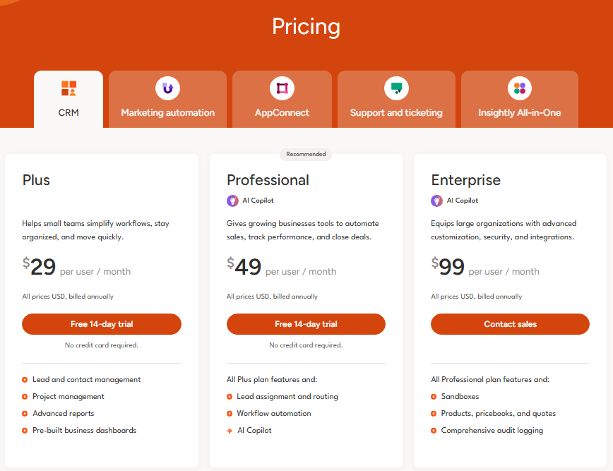 Insightly CRM pricing page showing Plus $29, Professional $49, and Enterprise $99 per user per month billed annually in 2026.