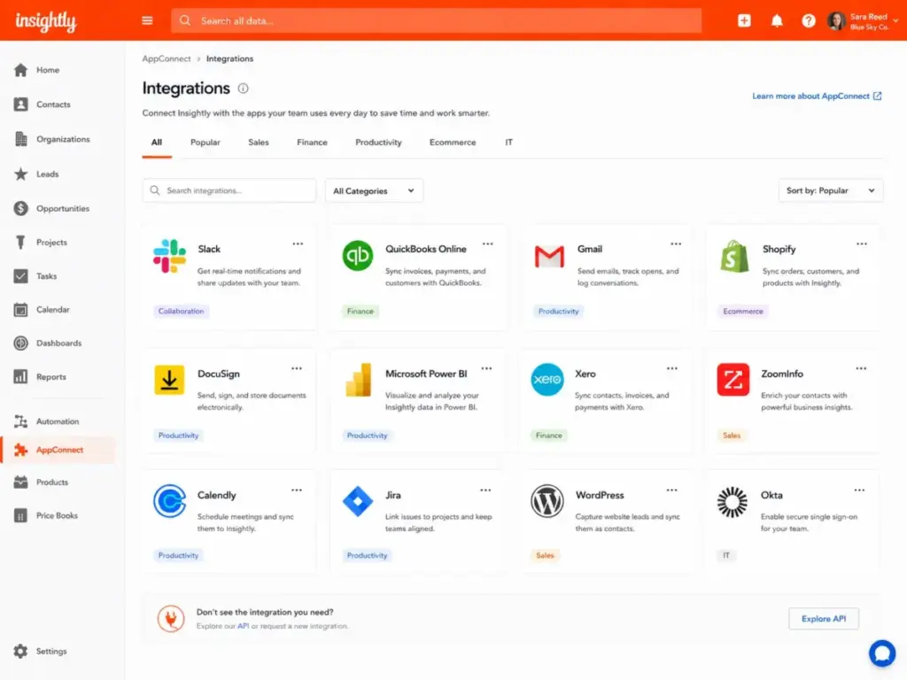 Insightly AppConnect integrations page showing Slack, QuickBooks Online, Gmail, Shopify, DocuSign, Microsoft Power BI, Xero, Jira, WordPress, and Okta integrations in 2026.