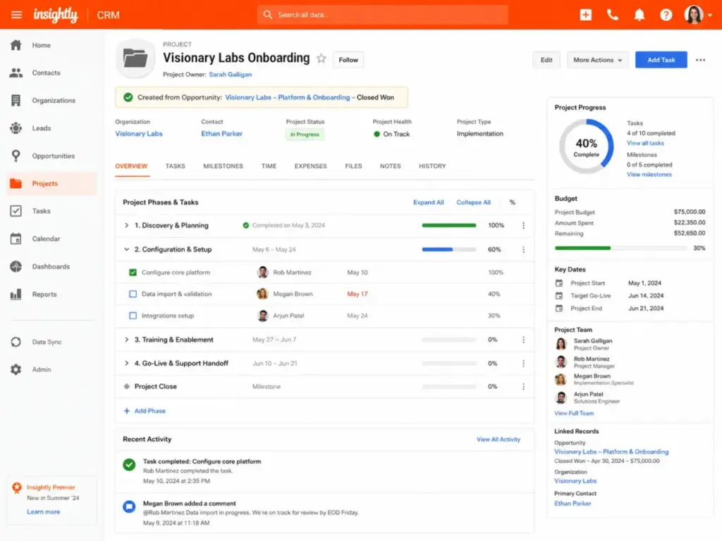 Insightly project management view showing a project converted from a closed won opportunity, with phases, tasks, progress, budget, team members, and linked records in 2026.