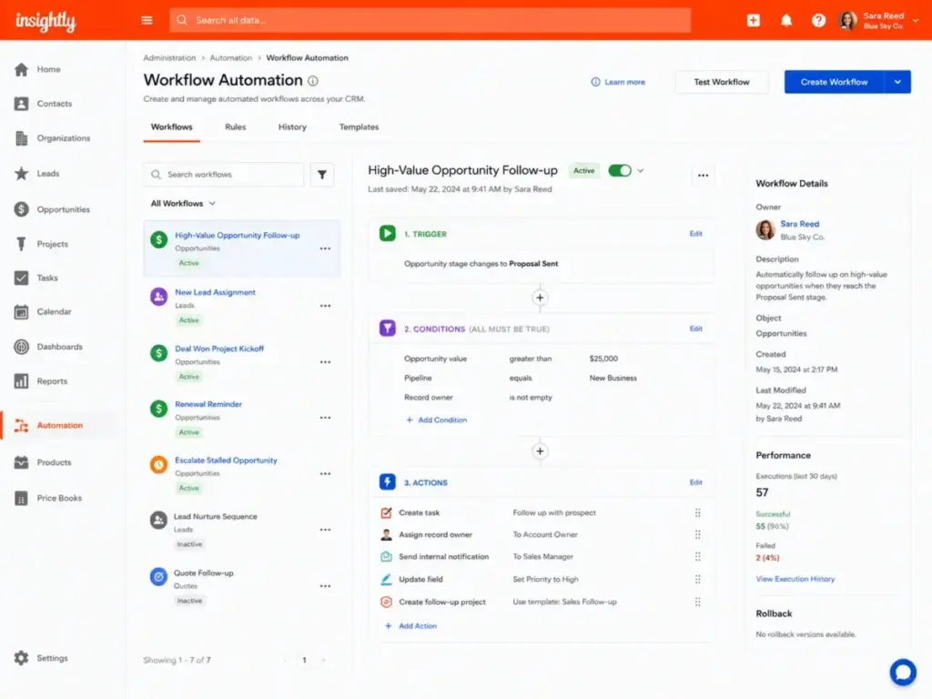 Insightly workflow automation builder showing opportunity-based trigger rules, conditions, and actions for CRM automation in 2026.
