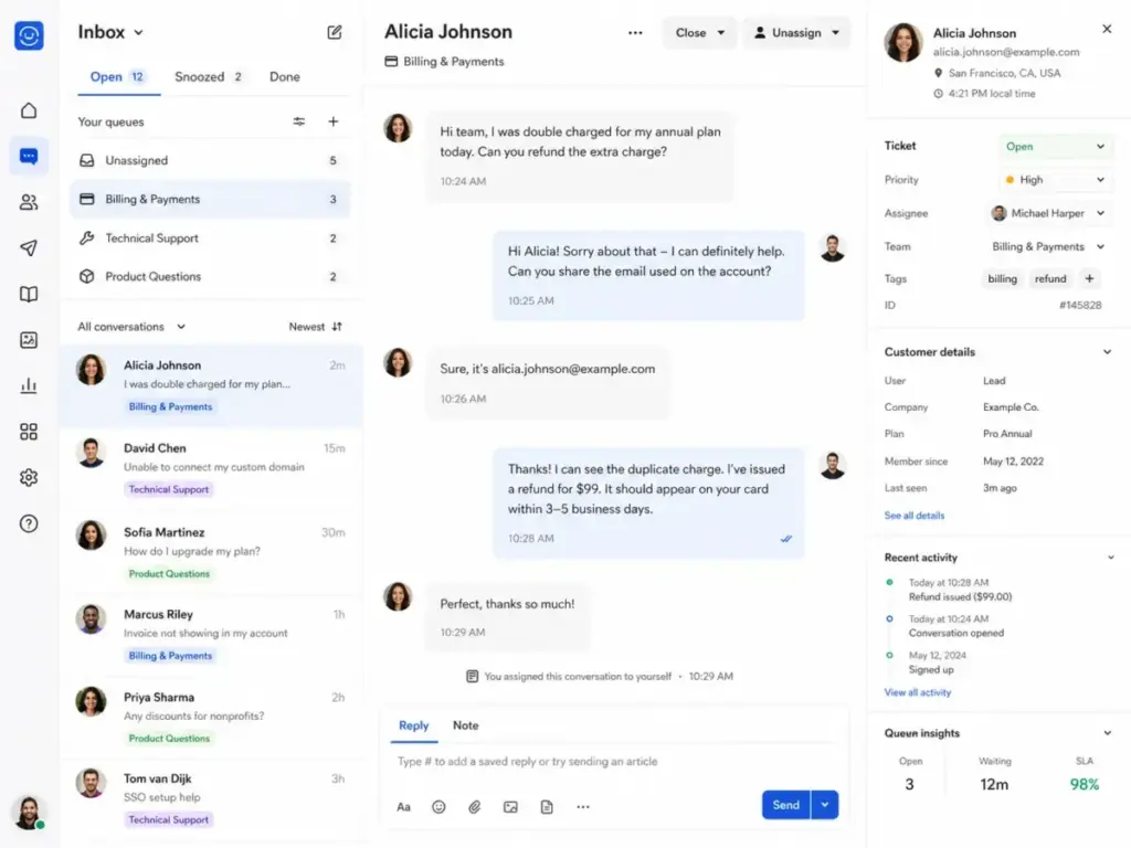 Intercom dashboard showing shared inbox, customer conversations, and support ticket queue