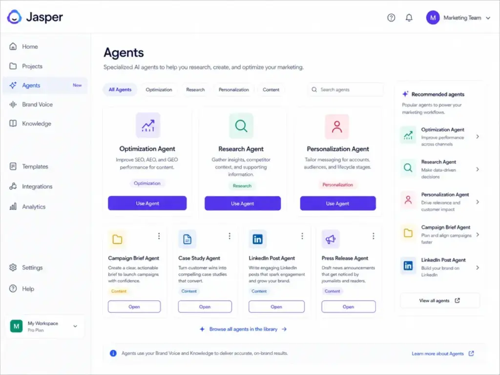 Jasper Agents library showing Optimization Agent, Research Agent, and Personalization Agent in the dashboard
