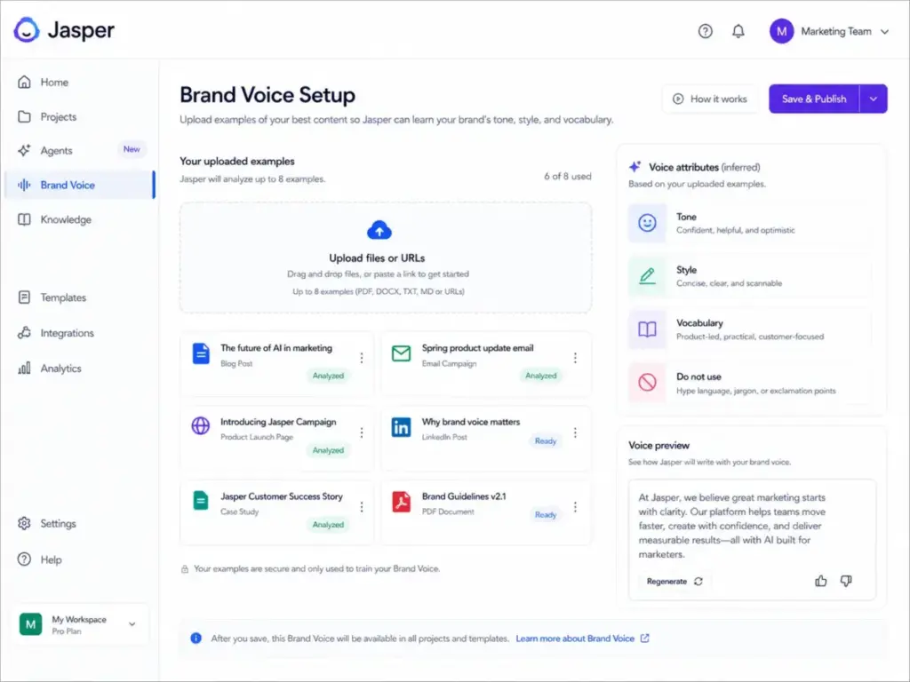 Jasper Brand Voice setup screen showing uploaded examples, inferred tone, style, vocabulary, and voice preview