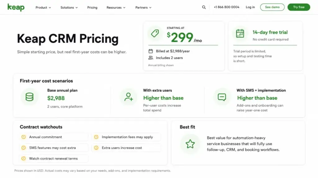 Keap CRM pricing overview showing $299 per month starting price, $2,988 annual billing, 2 included users, 14-day free trial, and contract cost watchouts.