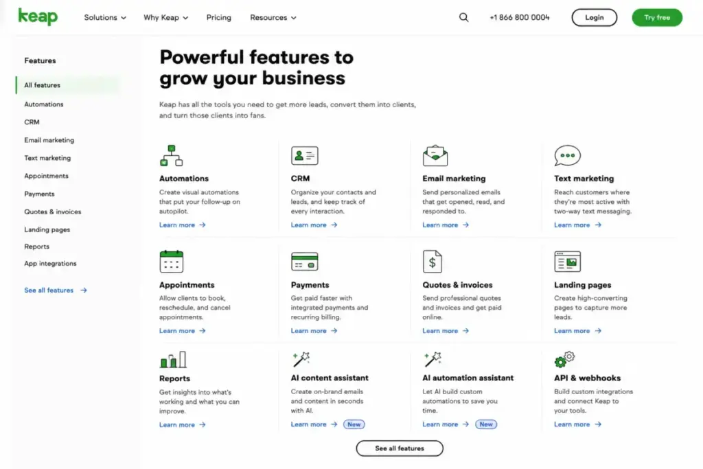 Keap features page showing automation, AI assistant, text marketing, invoices, payments, API and webhooks