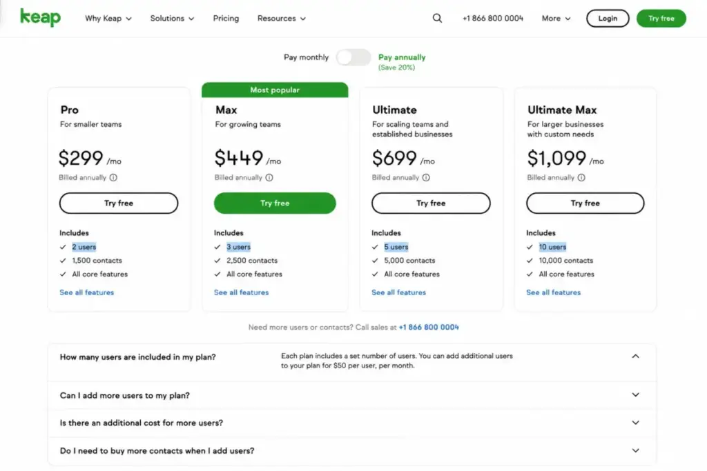 Keap pricing page showing $299 per month starting price, annual billing note, included users, and user FAQ section