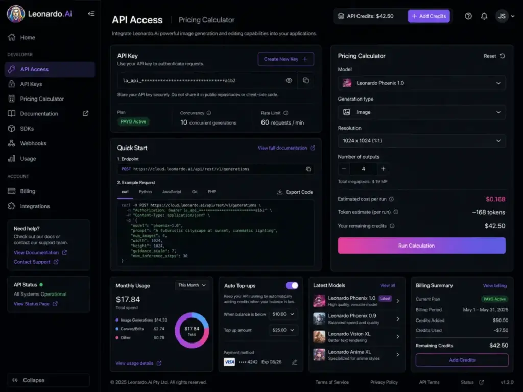 Leonardo.Ai API access dashboard showing API key management, pricing calculator, usage credits, and estimated generation cost.