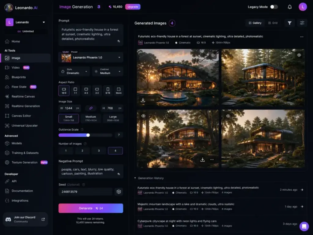Leonardo.Ai image generator workspace showing model selection, prompt controls, token settings, and generated image previews.