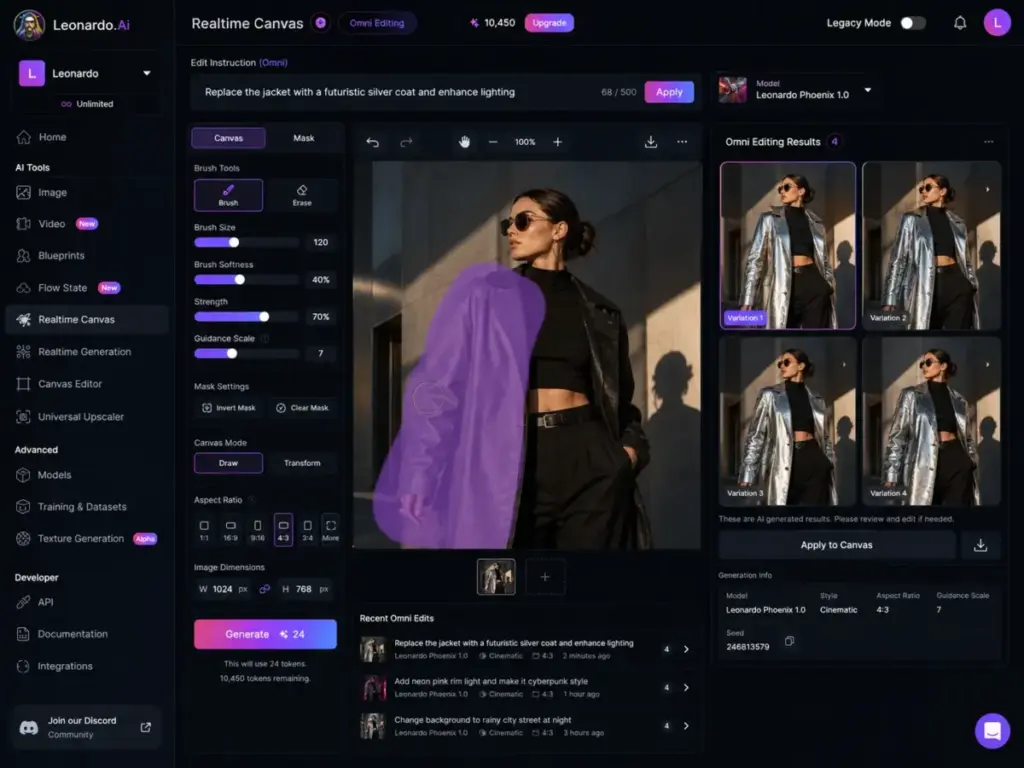 Leonardo.Ai Realtime Canvas interface showing Omni editing workflow with mask tools, edit prompt, and four AI-generated variations.
