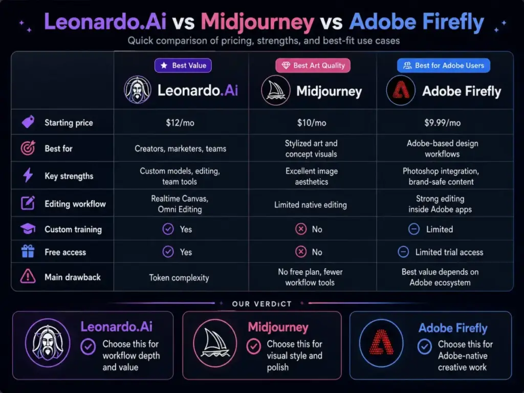 Comparison table showing Leonardo.Ai vs Midjourney vs Adobe Firefly across pricing, strengths, editing workflow, custom training, and free access.