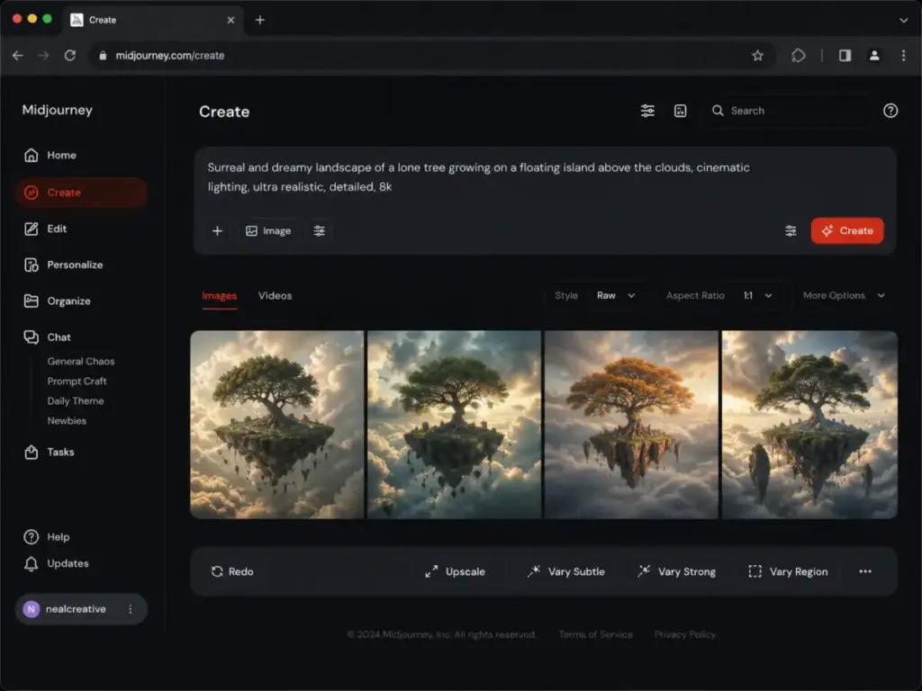 Midjourney Create page showing a prompt box and a four-image grid of generated floating-island artwork.
