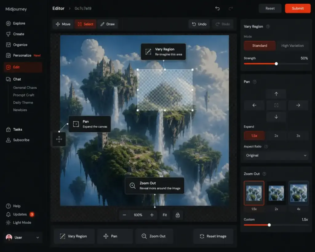 Midjourney Editor interface showing Vary Region, Pan, and Zoom Out controls around a fantasy floating-island image.