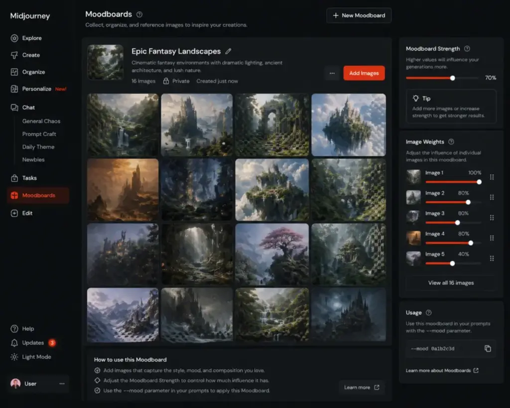 Midjourney Moodboards panel showing selected visual style references, moodboard strength controls, and image weights.
