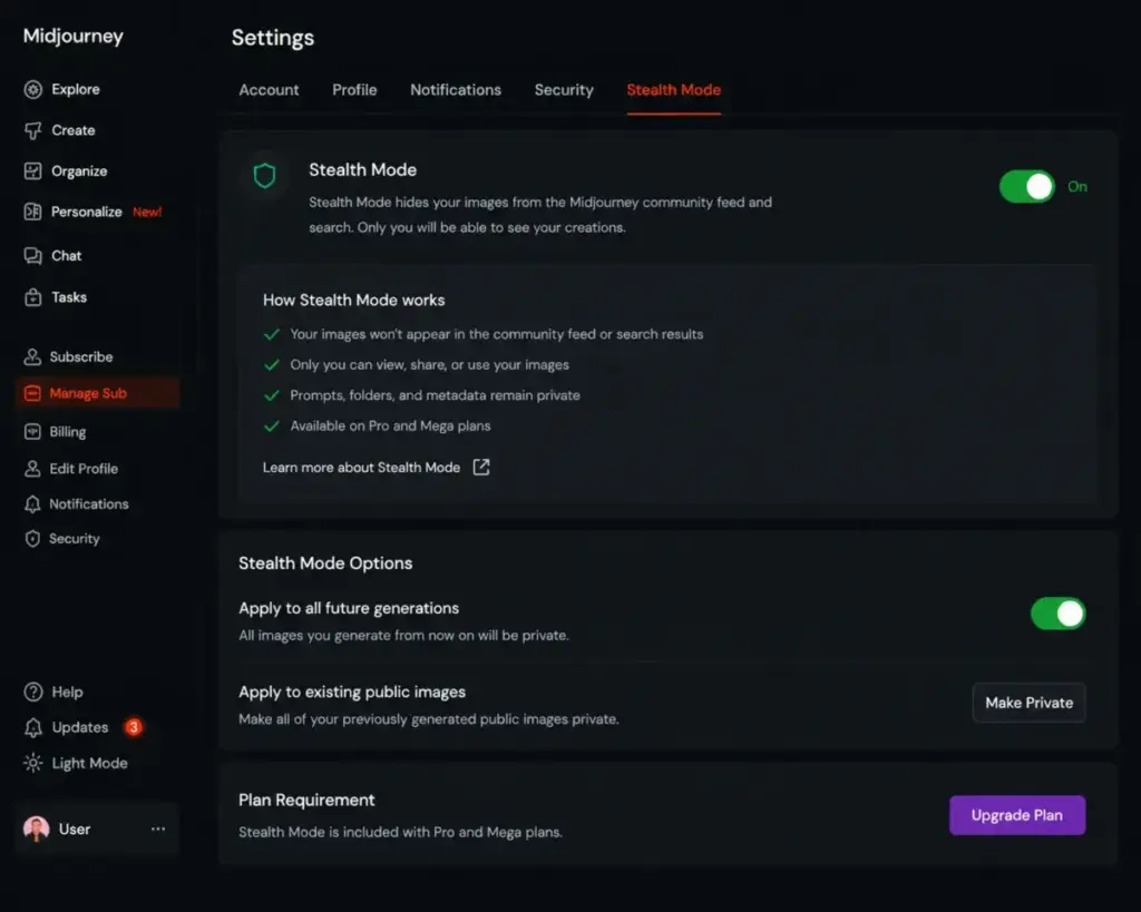 Midjourney Stealth Mode settings panel showing privacy controls and plan requirements for keeping generated images private.