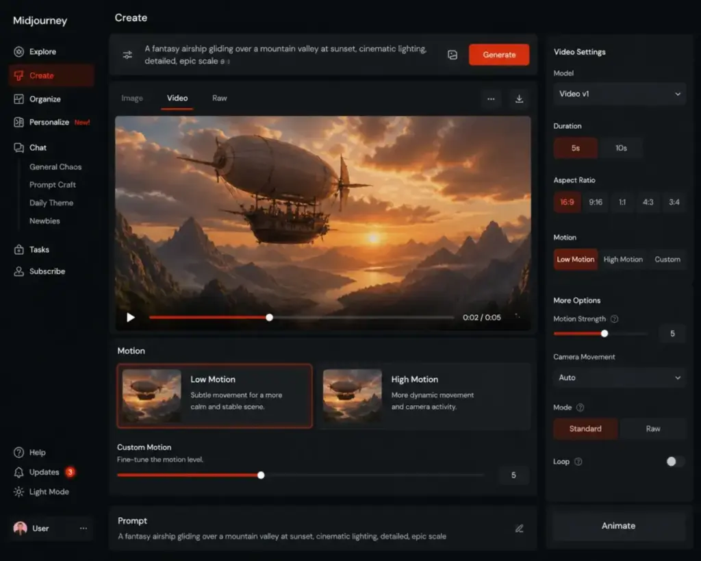 Midjourney video animation controls showing Low Motion and High Motion options for animating generated images.