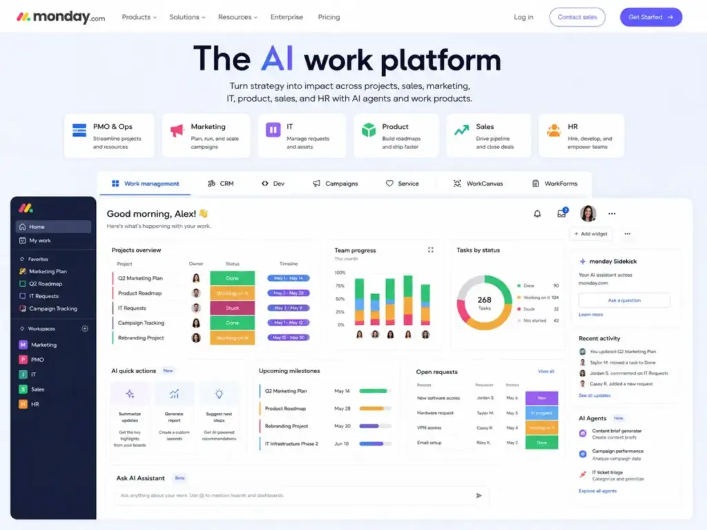 Highly realistic monday.com home screen mockup showing the AI work platform, product tabs, use cases for PMO, marketing, IT, product, sales, and HR, plus dashboard widgets and AI assistant cards.