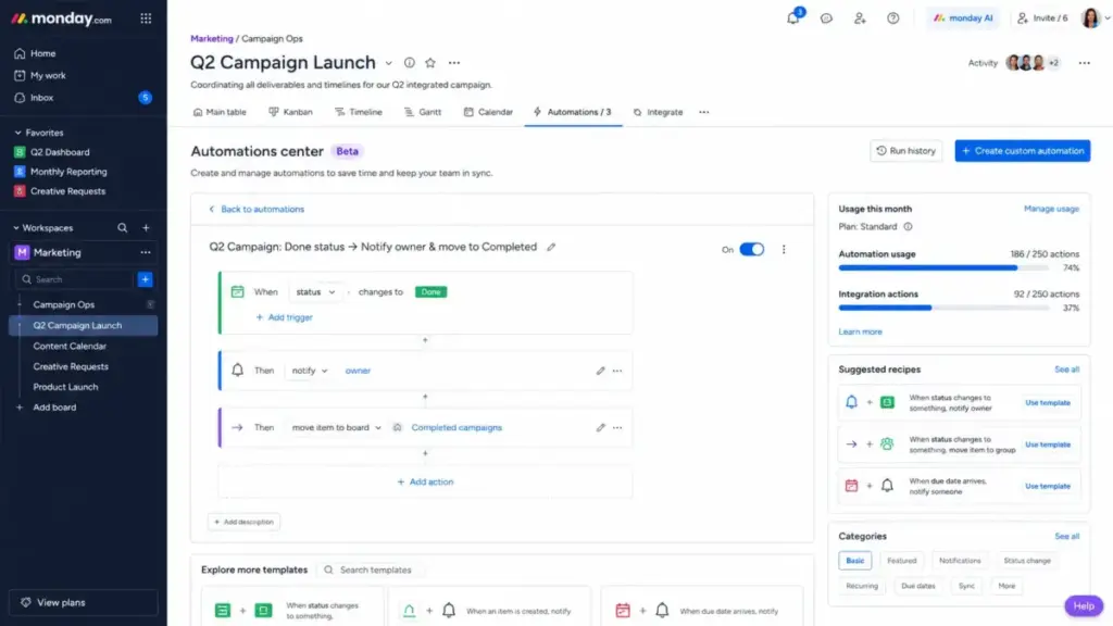 Highly realistic monday.com automation builder mockup showing a trigger-action workflow and a monthly action usage counter on the Standard plan.
