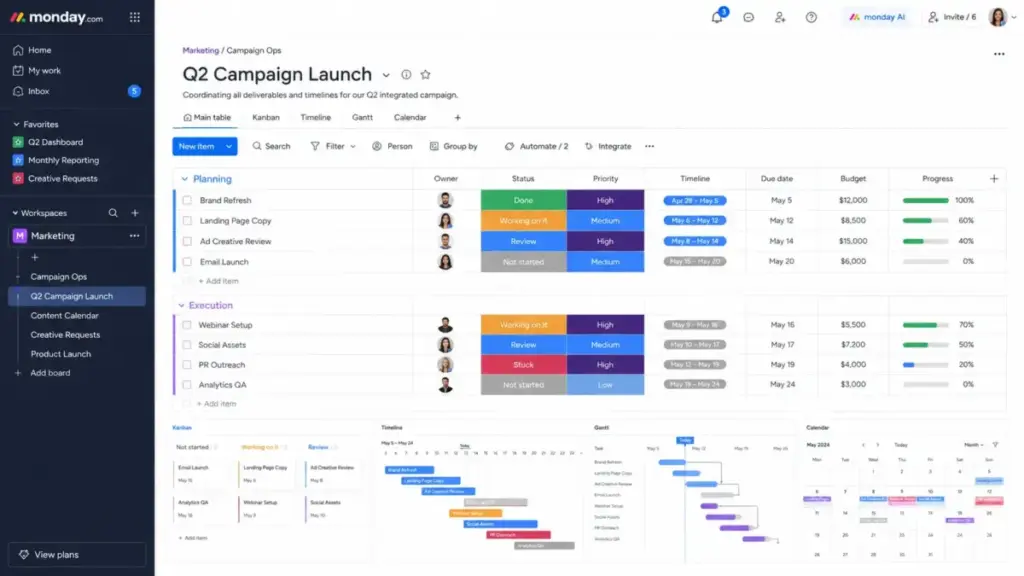 Highly realistic monday.com board mockup showing a campaign workspace with table, Kanban, timeline, Gantt, and calendar views visible in one screen.